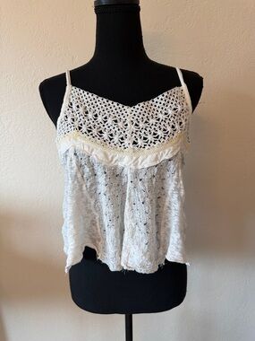EUC FREE PEOPLE White Crochet-Detail Spaghetti Strap Women's Tank Top SIZE LARGE